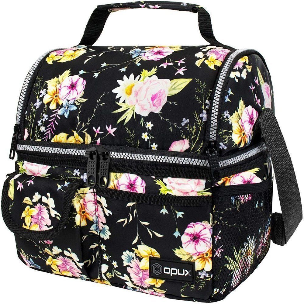 Double Deck Reusable Lunch Pail Cooler Bag With Shoulder Strap, Floral Black